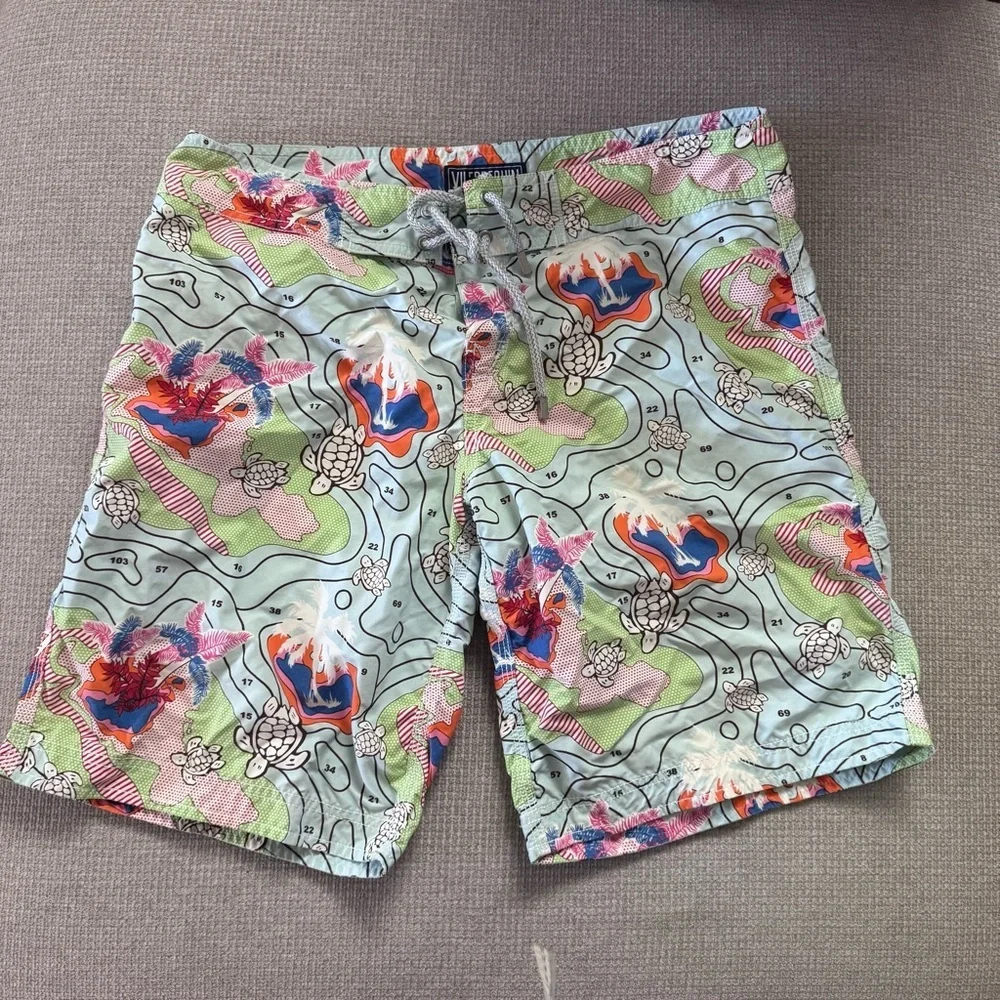 Vilebrequin Men's Swim Shorts in Green, Light Blue, Pink & Orange Floral Print M
